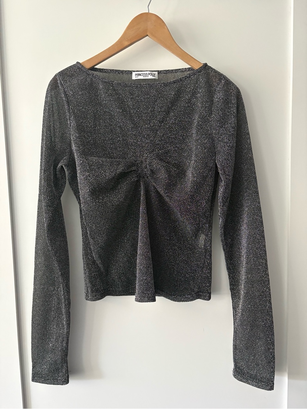 Princess Polly Silver Glitter Long Sleeve Bow Front Y2K Party Top us10 - Picture 2 of 5